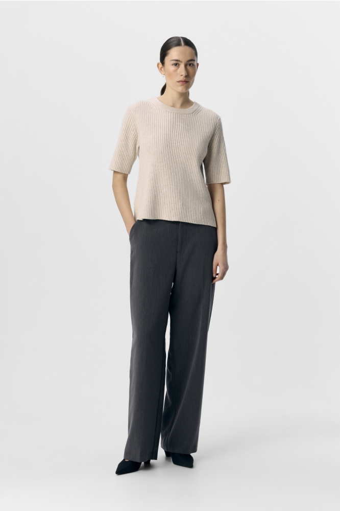 OBJELVA 2/4 RE O-NECK KNIT NOOS 23046911 HUMUS/WHITE SAND